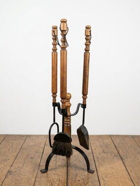 Vintage Mid Century Wood Black Iron Fireplace Tool Set Primitive 4 Pc Colonial